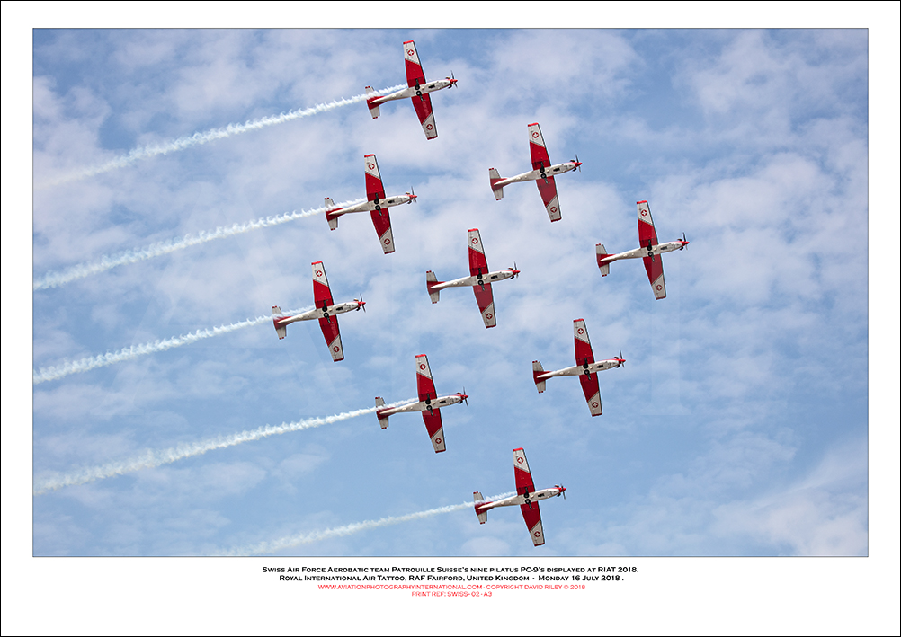 SWISS-02 -Swiss Air Force Aerobatic team Patrouille Suisse�s nine Pilatus PC-9�sdisplay at RIAT 2018 - 02